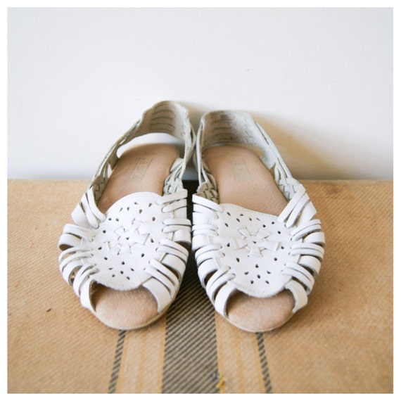 80s Sandals. Vintage Huaraches. White Leather Flats. Cutout