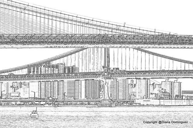 Bridges NYC Sketch 8x10 Drawing New York City water by ddfoto