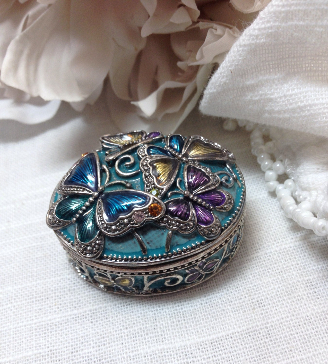 Pill Box Butterfly Ring Box Trinket Box Signed 3765