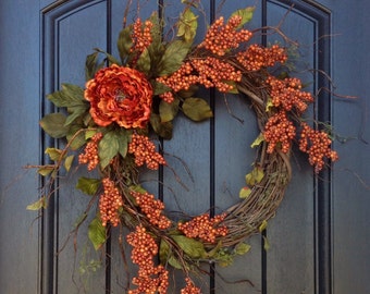 Fall Wreath Orange Berry Branches Wispy Twig Halloween Thanksgiving Grapevine Door Wreath Decor Floral Door Decoration Monogrammed Decor