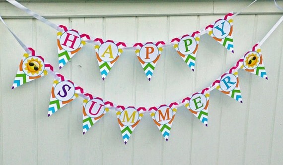 Happy Summer Banner Printable - Instant Download - Sunshine, Rainbow, End of School Party Il_570xn