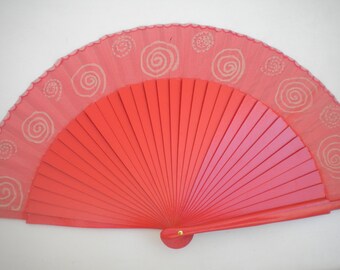 Folding Hand Fan Wooden Hand Painted Orange with Cream Swirls by Kate Dengra Spain