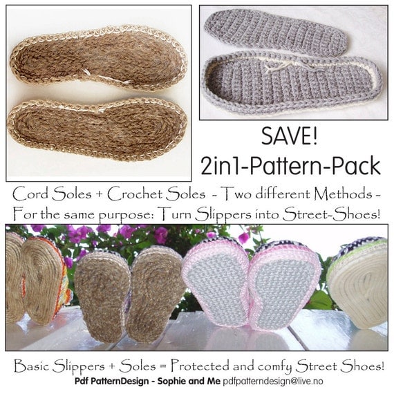 2in1-Pattern-Pack for ANY Size Tailored CORD-Soles / CROCHET-Soles. Turn home slippers into street shoes - Instant Download