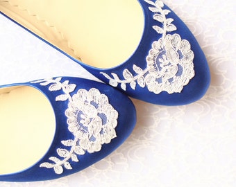 Wedding Flat Shoes Cobalt Blue Satin Bridal Ballet Flats with Lace Bride Engagement Special Night Size 10 (US)
