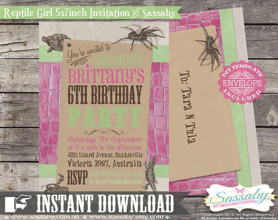DIY Reptile Girl Invitation - INSTANT DOWNLOAD - Editable & Printable Birthday Party Invitation by Sassaby Il_570xn