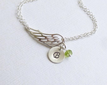 Angel Wing Initial Birthstone Bracelet-- 925 Sterling Silver -- Friendship -- Bridesmaids -- Mothers