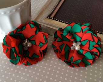 CLEARANCE: Christmas Red & Green Holiday fabric flowers with rhinestones pearl centers - (4 pcs) Whitney shabby chiffon flowers 2.75"