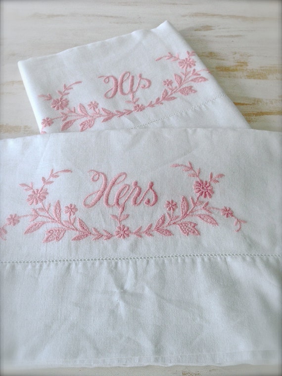Vintage White His and Hers Embroidered Pillowcases Pair of