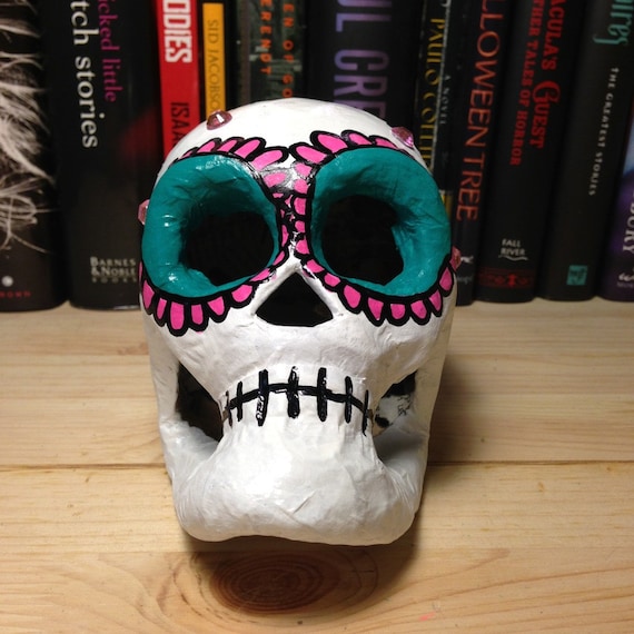 Pink & Teal Day of the Dead Paper Mache Skull