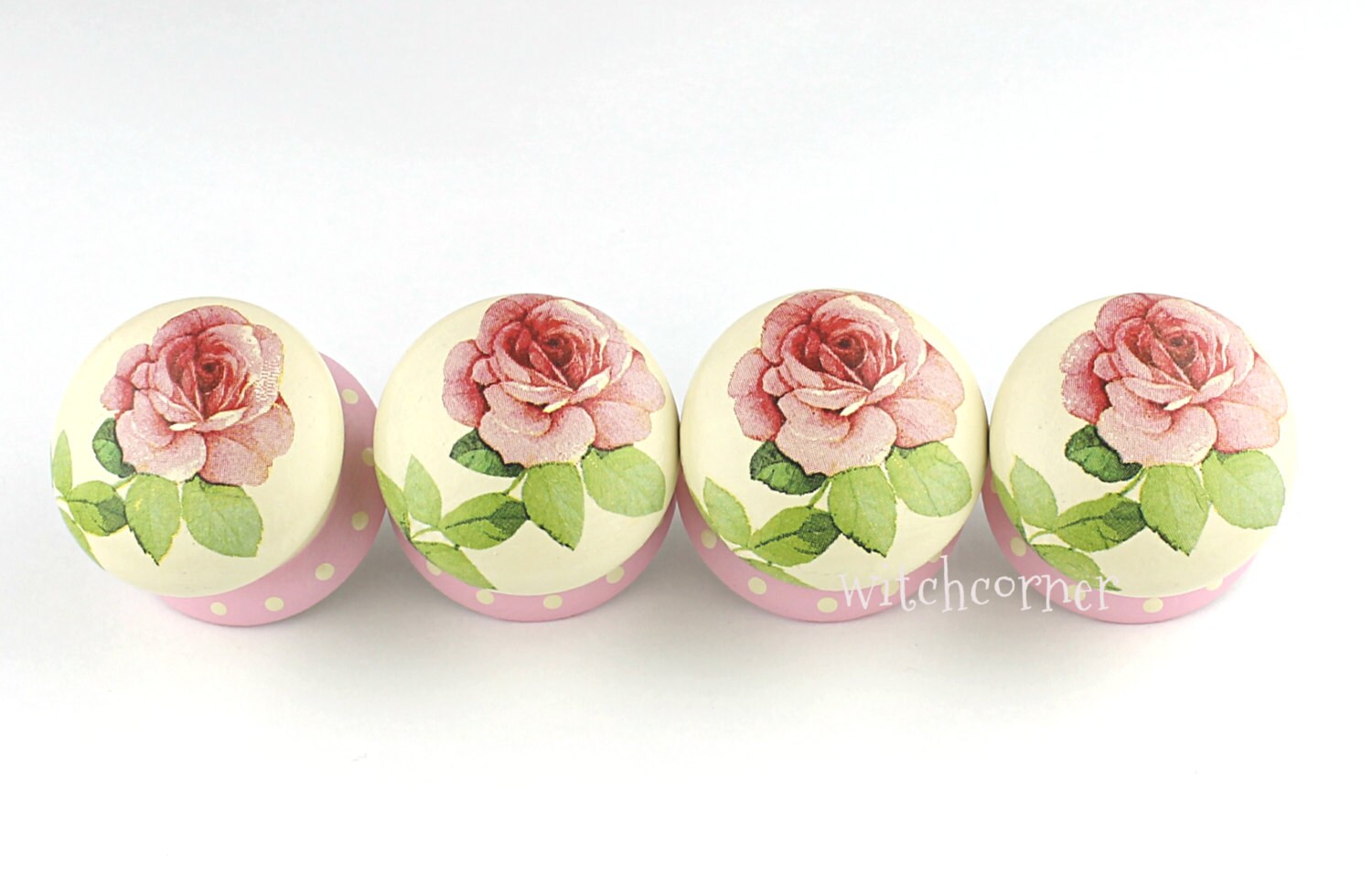 Door Knob Wooden Drawer Knob Pink Roses Design 50mm