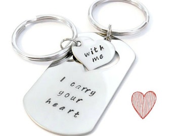 SALE: "I carry your heart", "with me" his & hers dog tag and key chain SET of Two by Moonstone Creations