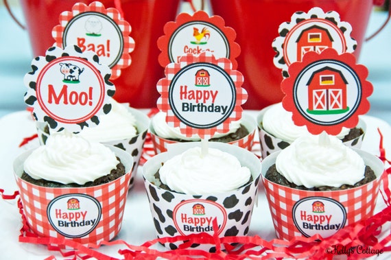 Barnyard Birthday Party Cupcake Kit- 2 Inch Party Circles and Cupcake Wrappers, Instant Download, Printable Il_570xn