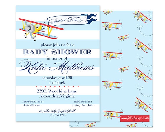 VINTAGE AIRPLANE Baby Shower Invitation, Pale Blue and Navy, Stripes, Custom Printable Il_570xn