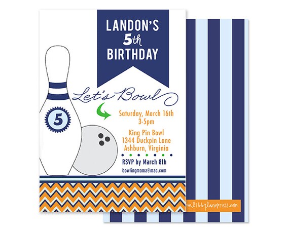 CHEVRON BOWLING Invitation- Navy, Orange, Green- Boys Birthday, Digital or Professionally Printed Invitation Il_570xn
