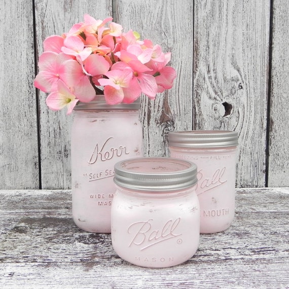 items similar to shabby chic pink upcyled painted mason jars pink decor jars storage jars items similar to shabby chic pink upcyled painted mason jars pink decor jars storage jars