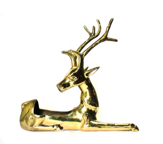 Vintage sale Large brass reindeer planter- perfect for Christmas decor- sitting deer with antlers- SALE