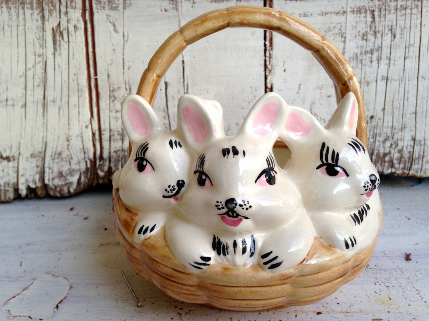 Vintage rabbit basket flower pot Ceramic bunny planter three