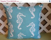 ON SALE Sea Horse Pillow Cover in Aquamarine and White