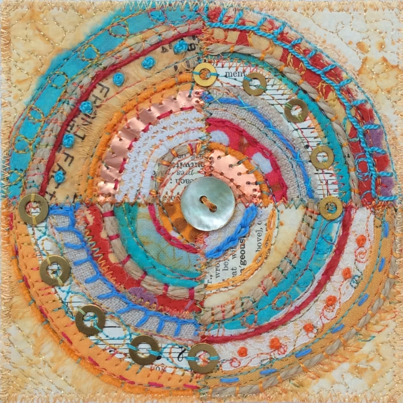 Embroidered and embellished textile art on canvas by threadnoodle