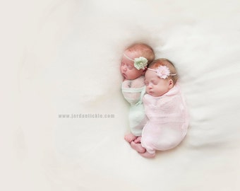 Twin Girls Photo Prop Set...Newborn Photo Props...Baby Girl Headbands...Cheesecloth Wraps...Petite Shabby Rosettes...Newborn...Baby