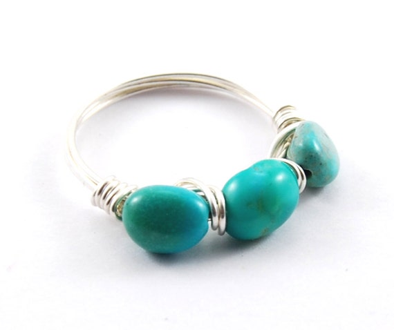 Genuine Turquoise Ring, Stone Ring, Sterling Silver Wire Wrapped Ring