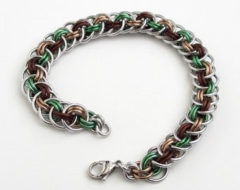 Mint green & brown chain mail bracelet, Viper Basket weave