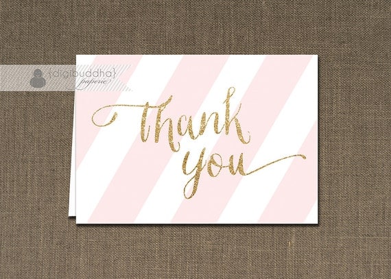 Pink & Gold Thank You Card Gold Glitter Pink Stripes INSTANT DOWNLOAD Folded Note Card Notecard Blank Inside Digital or Printed - Stella