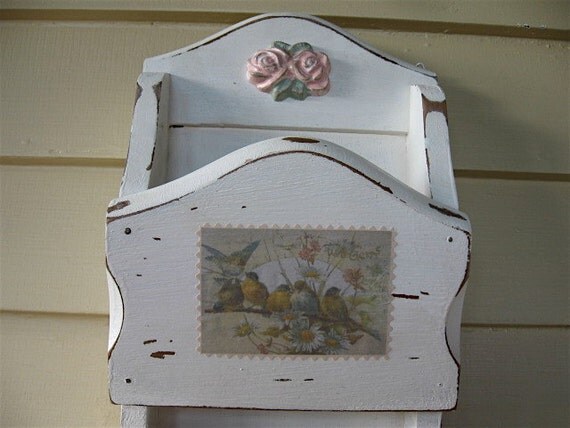 Shabby Chic letter holder, mail Holder / Wall pocket- Key Holder, Vintage Up- Cycled, Chippy White distressed, Vintage French Birds, French 