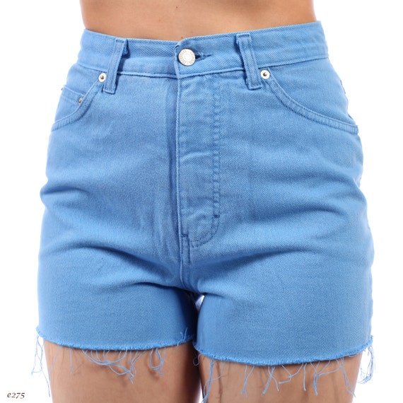 AZUR BLUE NEON Denim Shorts . High Waisted Frayed Longer