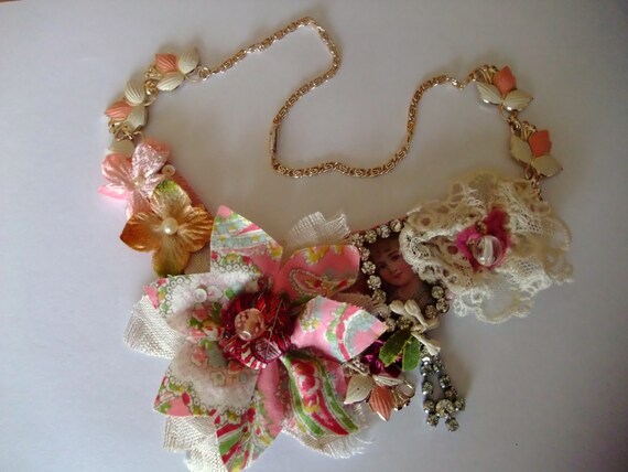 Romantic Handmade Necklace Vintage Textiles Lace Millinery Flowers & Jewellery Upcycled with Diamante Framed Miniature