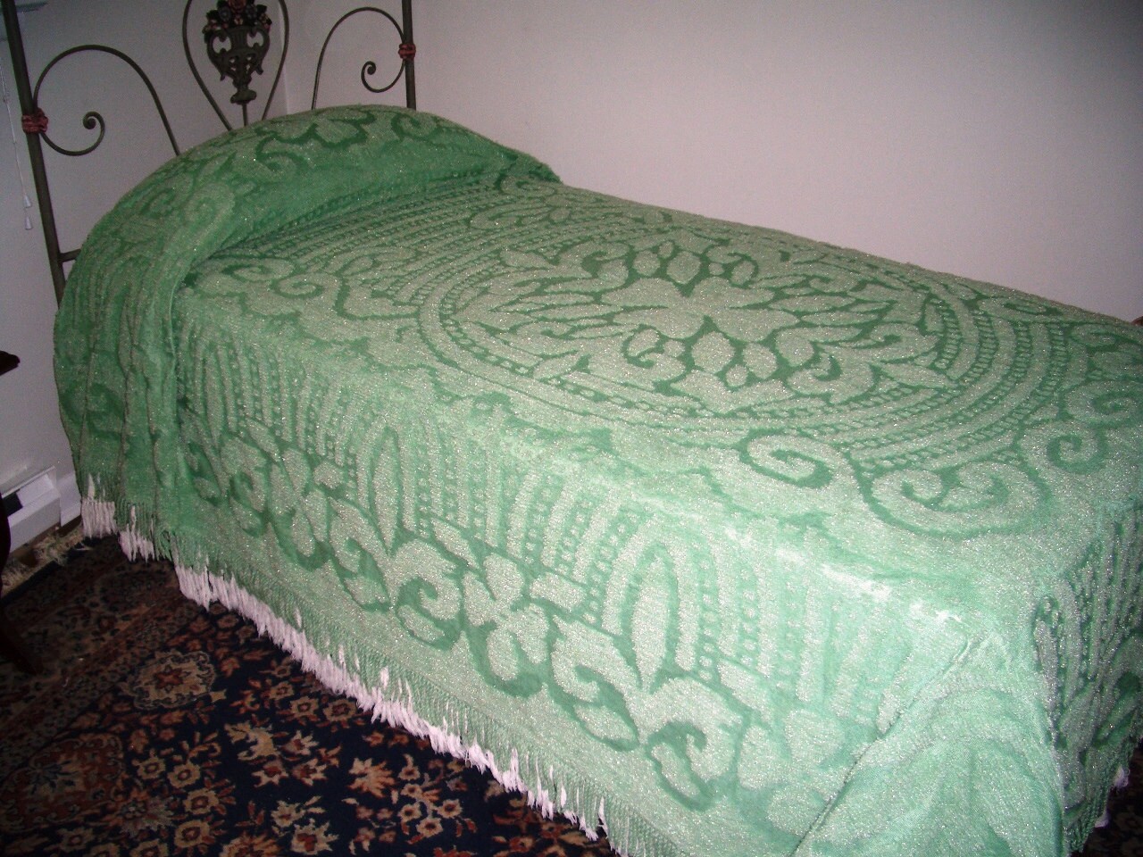 Vintage Chenille Twin Bedspread Kelly Green Four Leaf