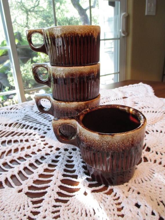 Vintage USA Pottery Brown Drip Glaze Mugs