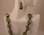 Green Variegated Magnesite Nuggets with Amber Shell Rondelles and Gold Metal spacers Beaded Necklace and Earrings Set