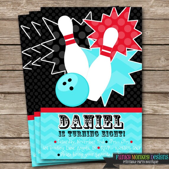 Diy Personalized Red Blue & Black Sport Bowling Inspired Birthday Party Digtial PRINTABLE 4"x6" Invitation Il_570xn