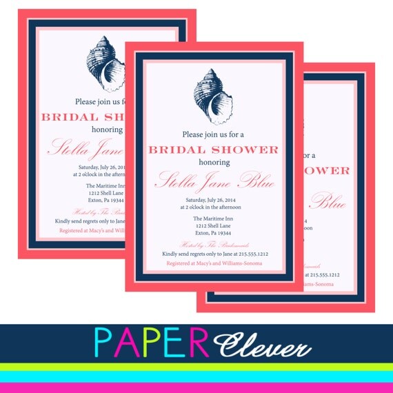 Bridal shower invitation, modern, nautical, navy, coral - printable, instant download (#6512) Il_570xn