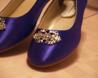 Wedding Flat Shoes Purple with Brooch - Deep Purple flats plus 200 colors,Non Slip White Satin Ballet style Slipper flats, Bling