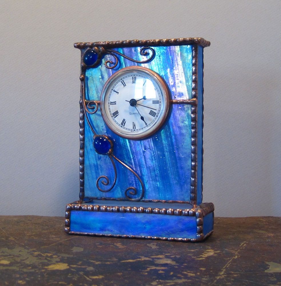 Unique Stained Glass Mantle / Shelf Clock Cobalt Blue by Eclectium