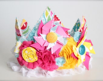 Pinwheel Inspired Pink Aqua and Yellow Rosette Fabric Crown - Perfect Birthday Hat or Lemonade Stand Photography Prop