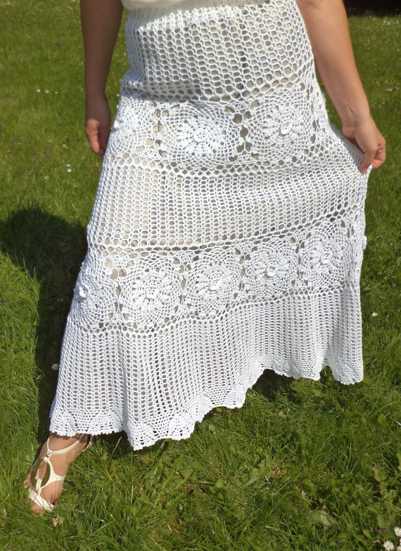 Items similar to Crochet Lace Maxi Flower Skirt - white - beige lining ...