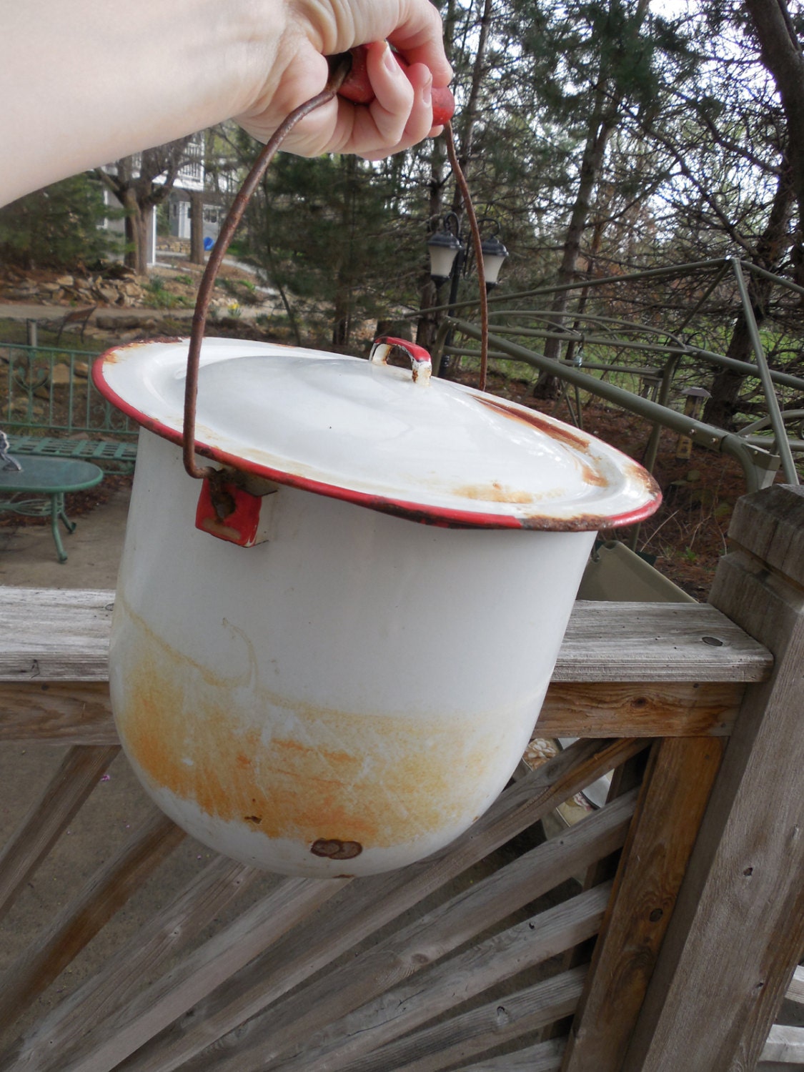 Vintage Enamalware Bucket Antique Metal Pee Pot. by AbateArts