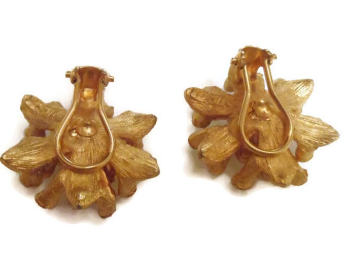 FREE SHIPPING BSK rhinestone earrings, clear flower or sea urchin clip earrings with gold leaves, signed