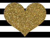 Gold Glitter Heart Print; Black and White Stripes; Valentine's Day Print; DIY Printable; Instant Download Il_170x135