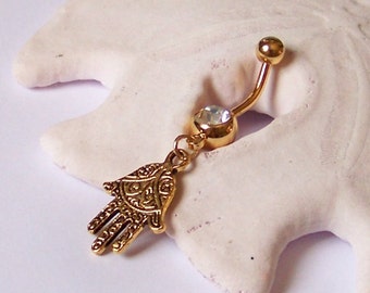 Gold Belly Button Ring - Gold Belly Jewelry - Gold Fatima Hand on Single Jeweled Barbell - Made to Order