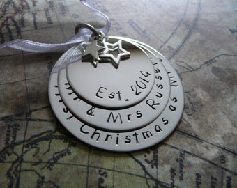 Hand stamped metal Christmas ornament, our first christmas as mr & mrs, personalise, stacked disc ornament