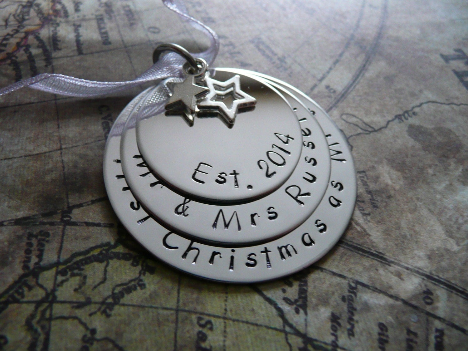 Hand stamped metal Christmas ornament our first christmas as