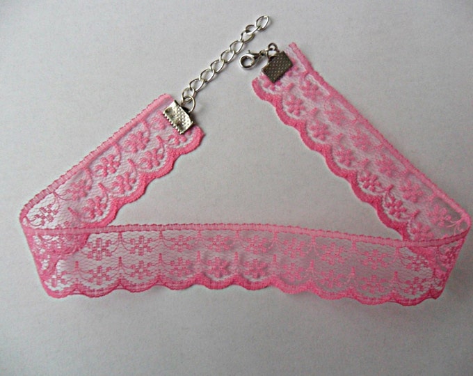 Hot Pink Scalloped Lace Choker necklace with a width of 3/4” Ribbon Choker Necklace