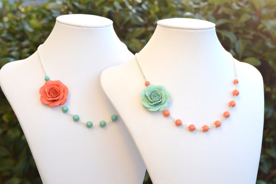 FREE EARRINGS Dusty Mint Rose and Coral Swarovski Pearls, Coral Orange Rose and Jade Green Swarovski Pearls, Mint and Coral Flower Necklace