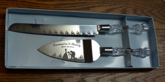 Flaming Firefighter  Wedding  Cake  Knife  and Server with Names