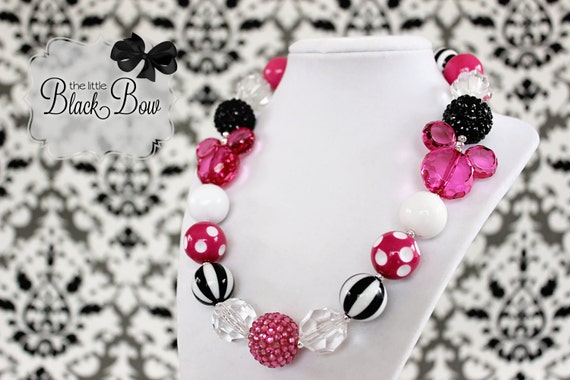 MINNIE MOUSE Inspired "Hidden Mickey" Chunky Necklace Pink & White Beads Child, Toddler or Baby Size Bubblegum Gumball Girls Beaded Necklace