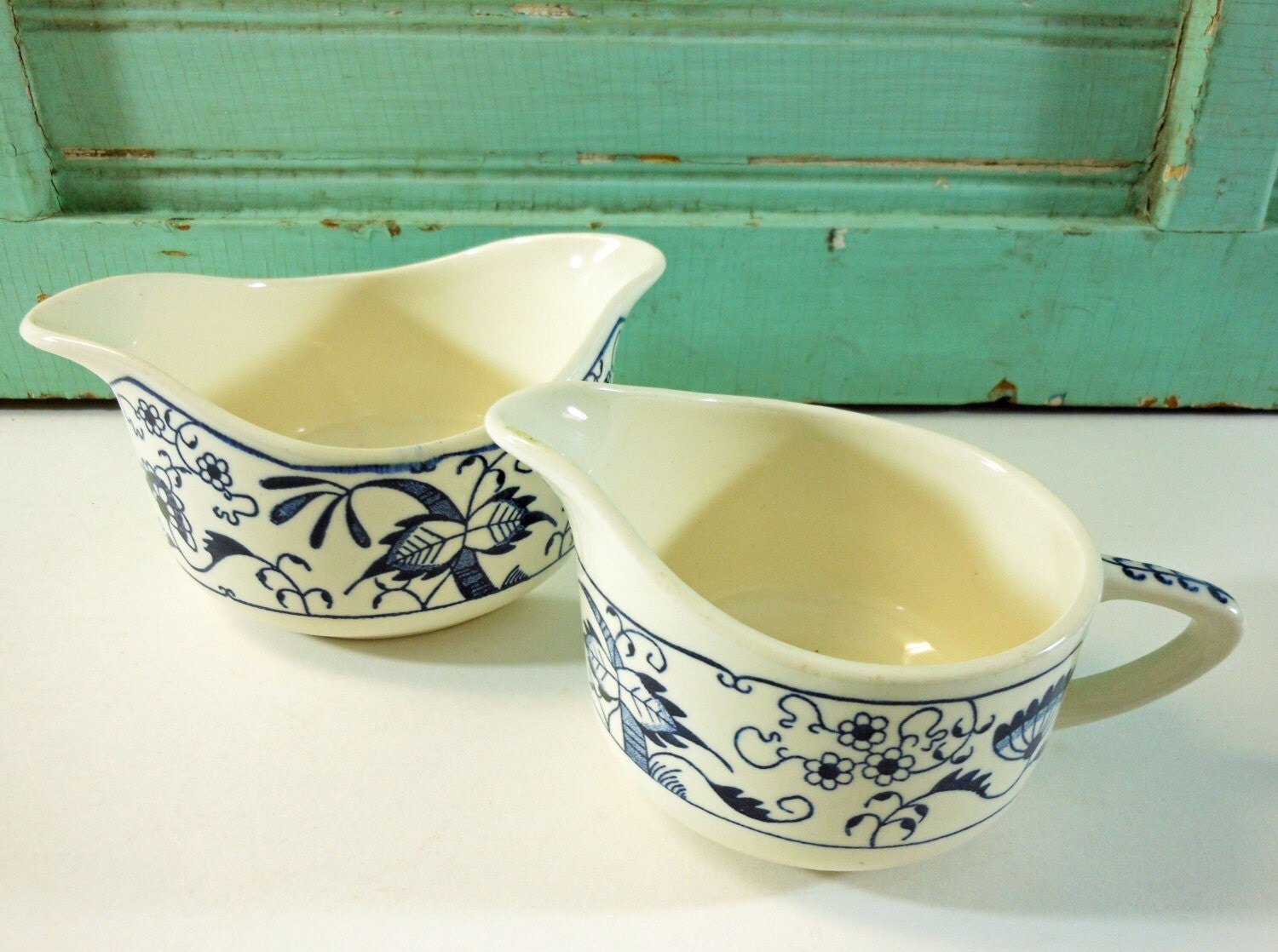 Blue and White Cream and Sugar Set Open Sugar Bowl